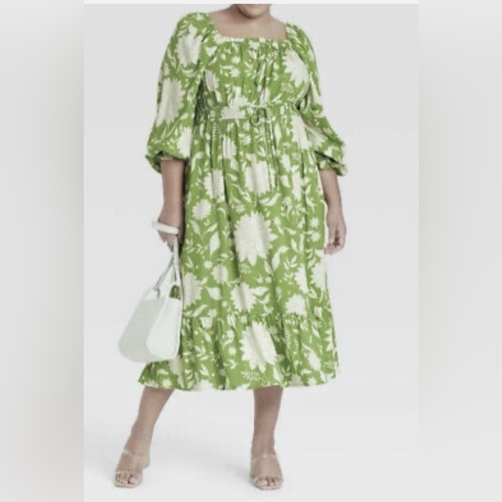 Ava & Viv Women Prairie Boho Green Floral Smock Maxi Dress